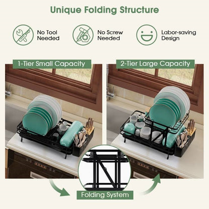 2 Tier Black Foldable Dish Rack Removable Drip Tray