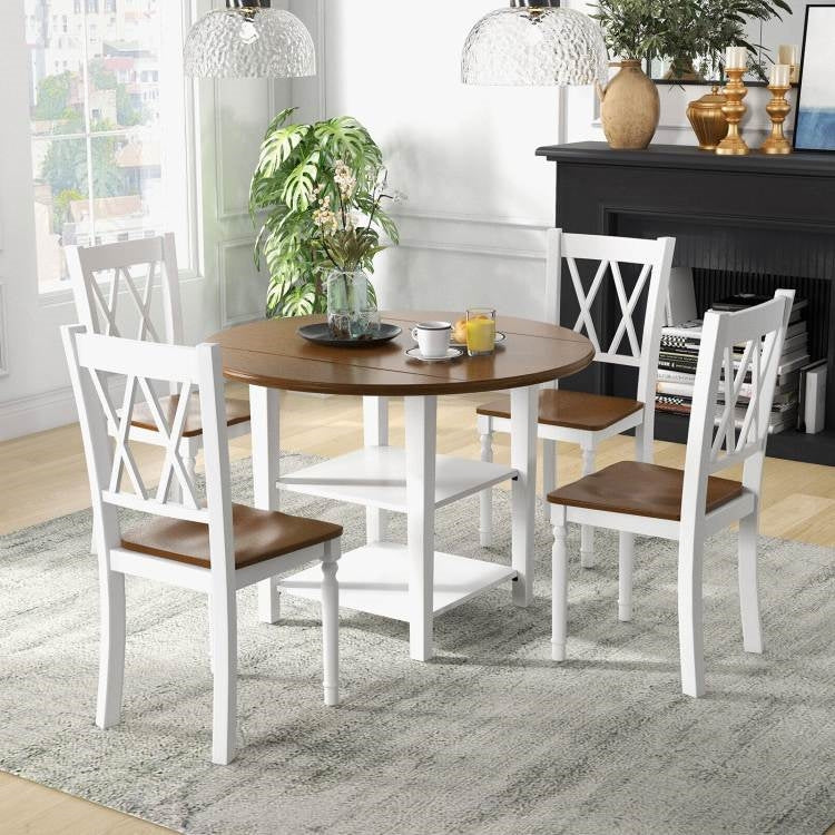 5 Piece Round Dining Drop Leaf Table Chairs Set White/Walnut