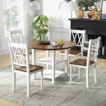 5 Piece Round Dining Drop Leaf Table Chairs Set White/Walnut