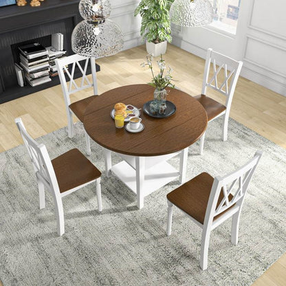 5 Piece Round Dining Drop Leaf Table Chairs Set White/Walnut