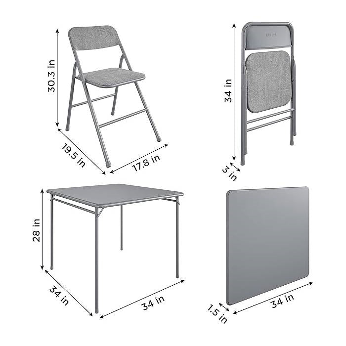 5-Piece Square Folding Dining Table 4 Chairs Guest Set - Grey