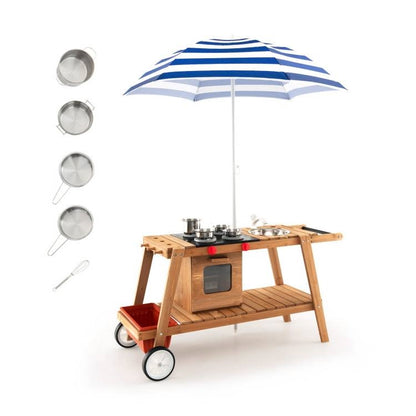 Toddler Kids Wooden Play Portable Cook Cart Set Navy/White Sun Proof Umbrella