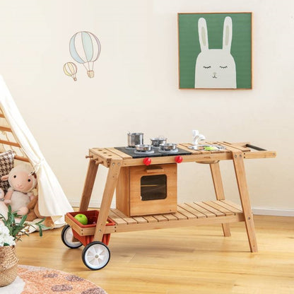 Toddler Kids Wooden Play Portable Cook Cart Set Navy/White Sun Proof Umbrella