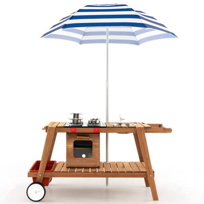 Toddler Kids Wooden Play Portable Cook Cart Set Navy/White Sun Proof Umbrella