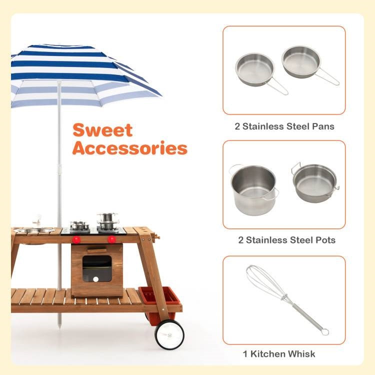 Toddler Kids Wooden Play Portable Cook Cart Set Navy/White Sun Proof Umbrella