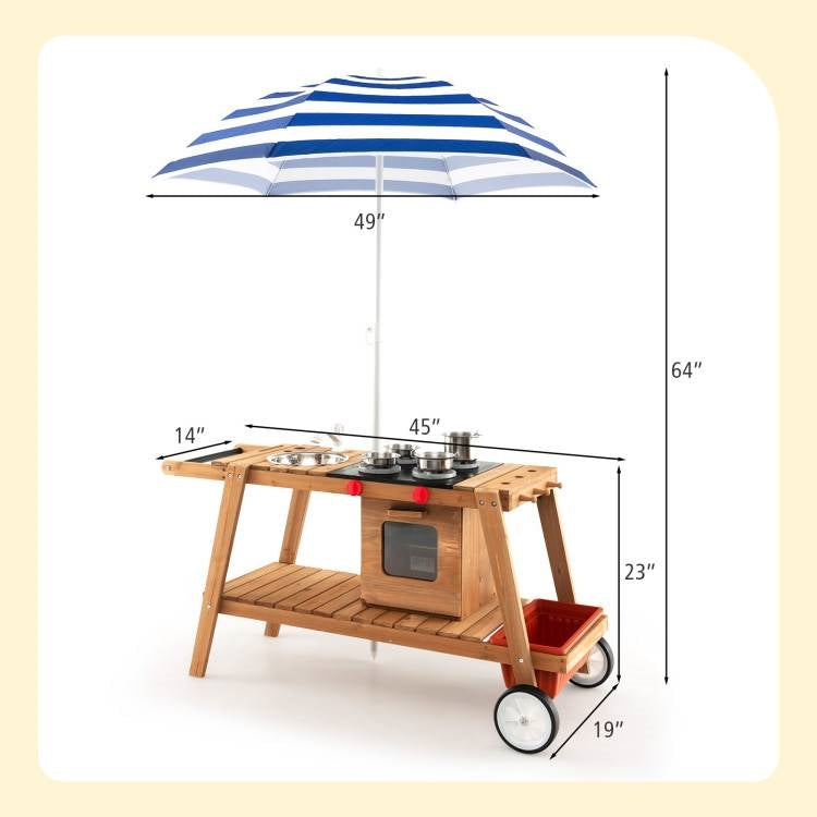 Toddler Kids Wooden Play Portable Cook Cart Set Navy/White Sun Proof Umbrella