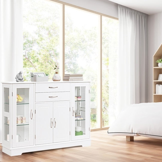 White Wood 3 Tier Buffet Sideboard Cabinet with Glass Display Doors