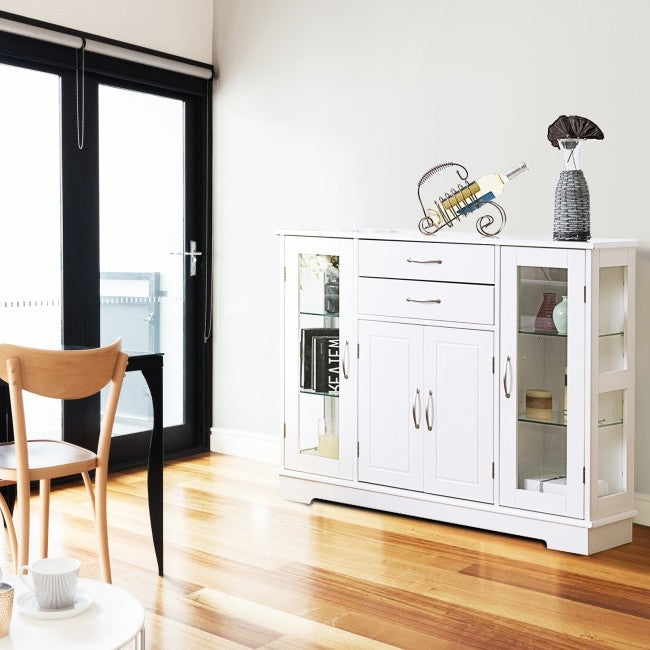 White Wood 3 Tier Buffet Sideboard Cabinet with Glass Display Doors