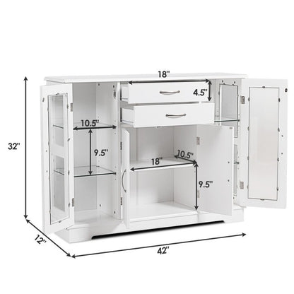White Wood 3 Tier Buffet Sideboard Cabinet with Glass Display Doors