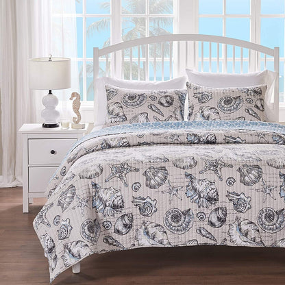 3 Piece Microfiber Beach Shells Coastal Quilt Set, King/California King