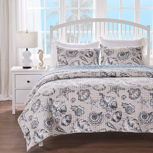 3 Piece Microfiber Beach Shells Coastal Quilt Set, King/California King