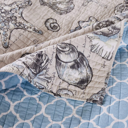 3 Piece Microfiber Beach Shells Coastal Quilt Set, King/California King