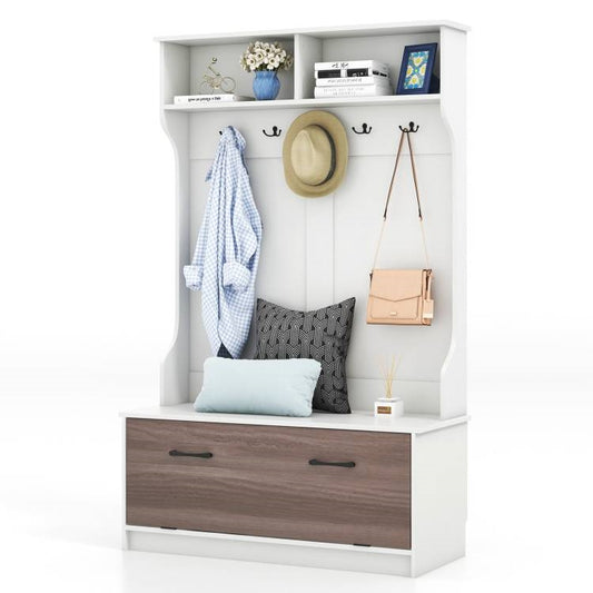 Multifunctional White/Oak Entryway Bench Coat Rack Shoe Storge Cabinet