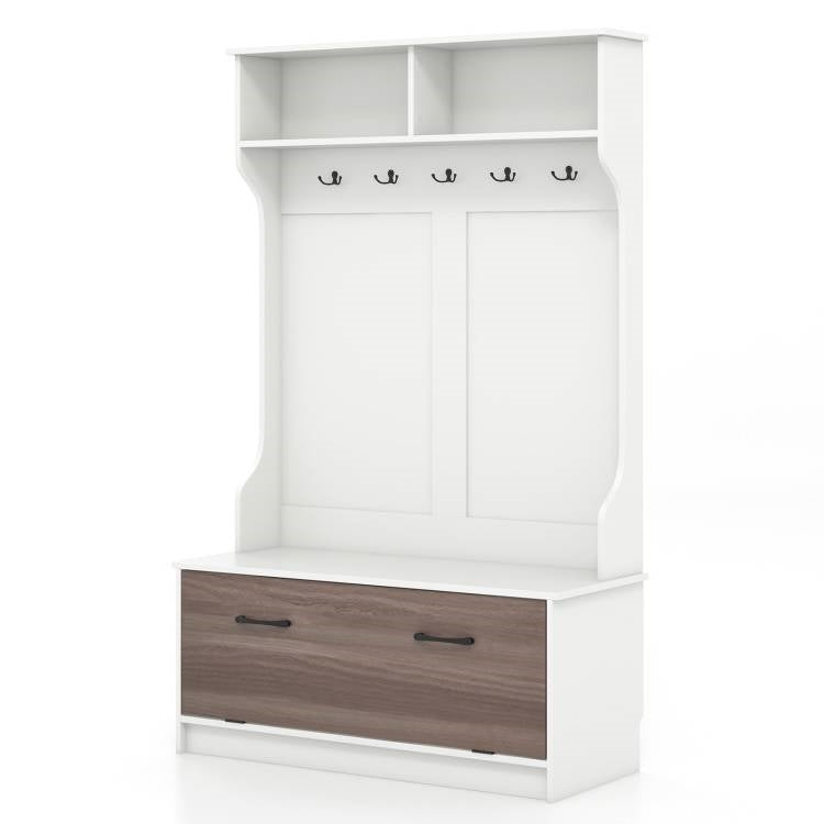 Multifunctional White/Oak Entryway Bench Coat Rack Shoe Storge Cabinet