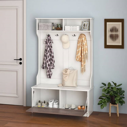 Multifunctional White/Oak Entryway Bench Coat Rack Shoe Storge Cabinet