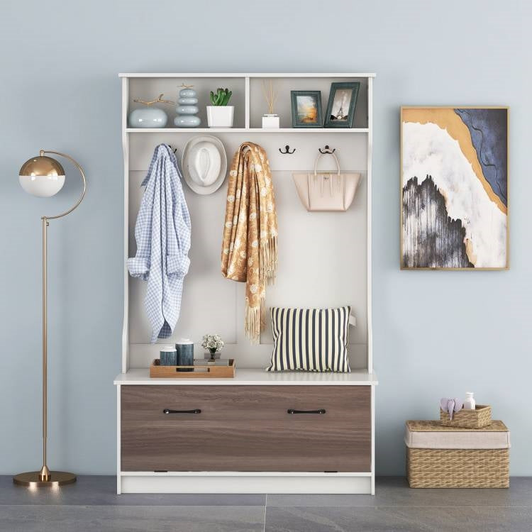 Multifunctional White/Oak Entryway Bench Coat Rack Shoe Storge Cabinet