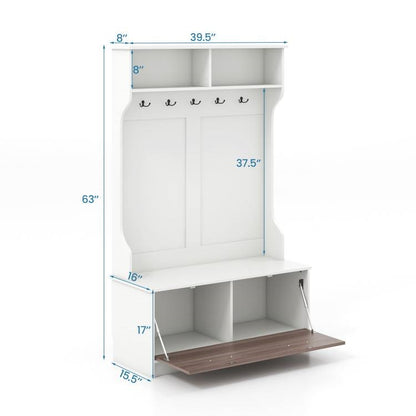 Multifunctional White/Oak Entryway Bench Coat Rack Shoe Storge Cabinet