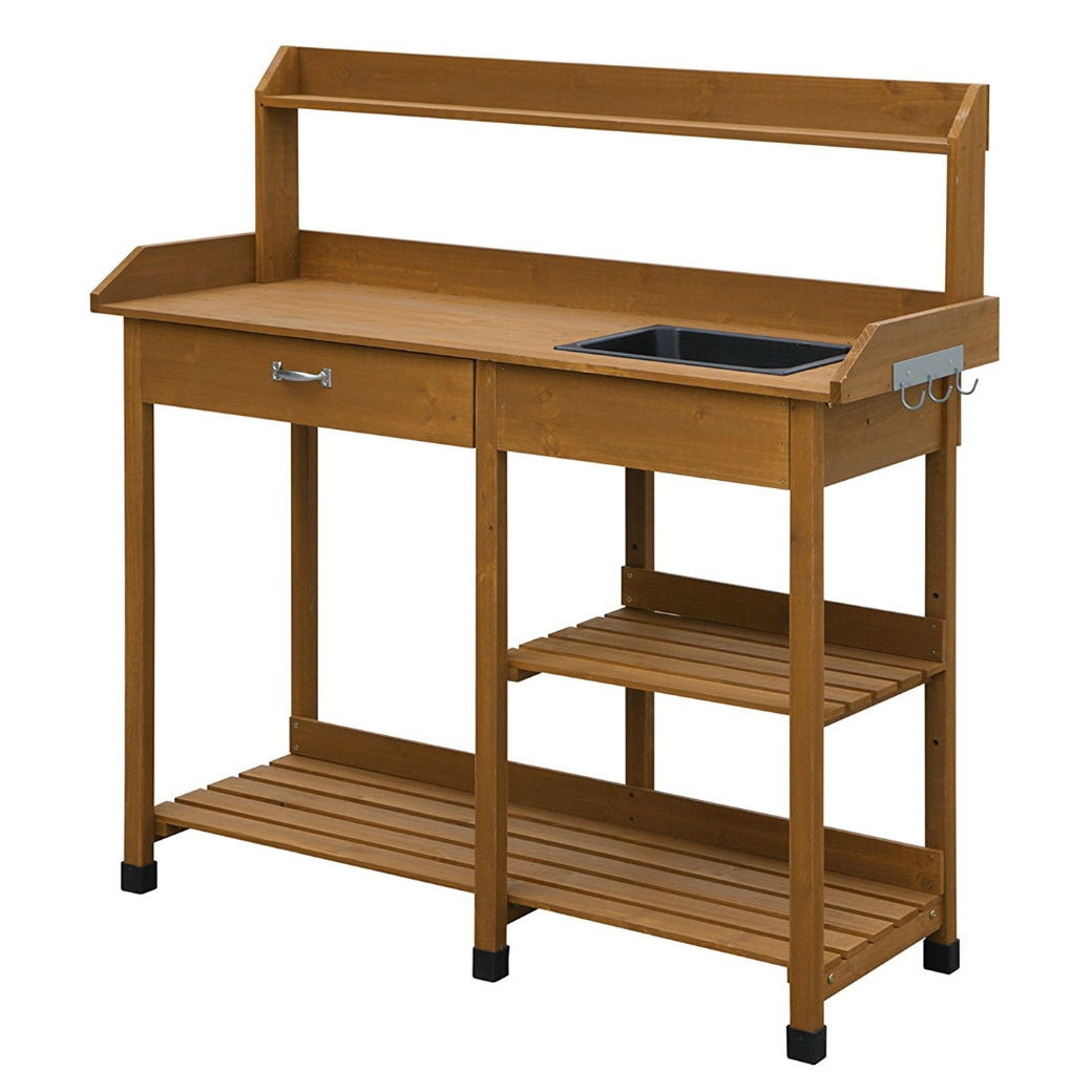 Modern Garden Potting Bench Table with Sink Storage Shelves &amp; Drawer