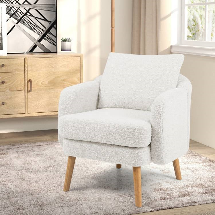 Modern White Sherpa Upholstered Plush Accent Chair Wooden Legs