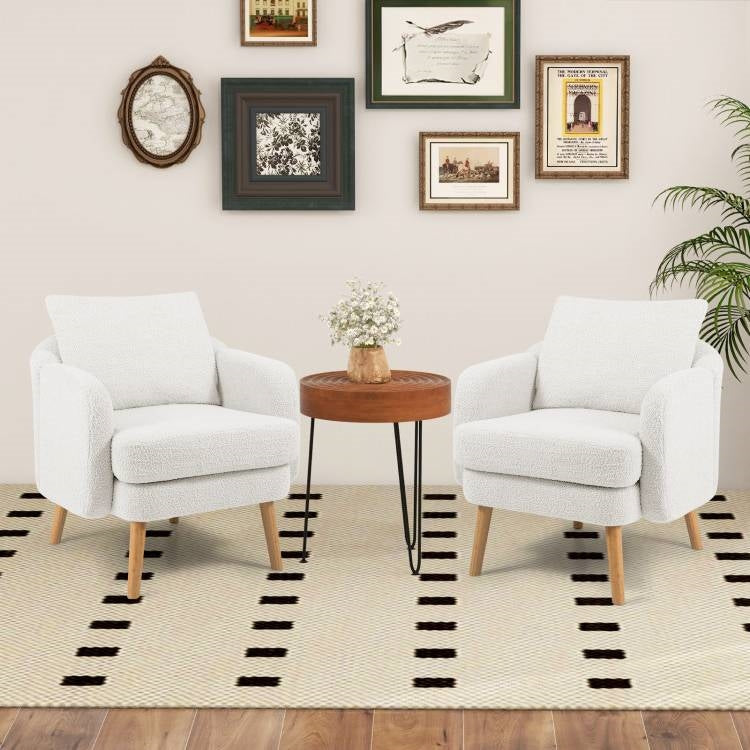 Modern White Sherpa Upholstered Plush Accent Chair Wooden Legs