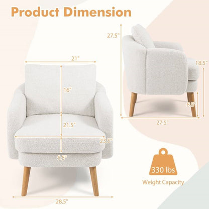 Modern White Sherpa Upholstered Plush Accent Chair Wooden Legs