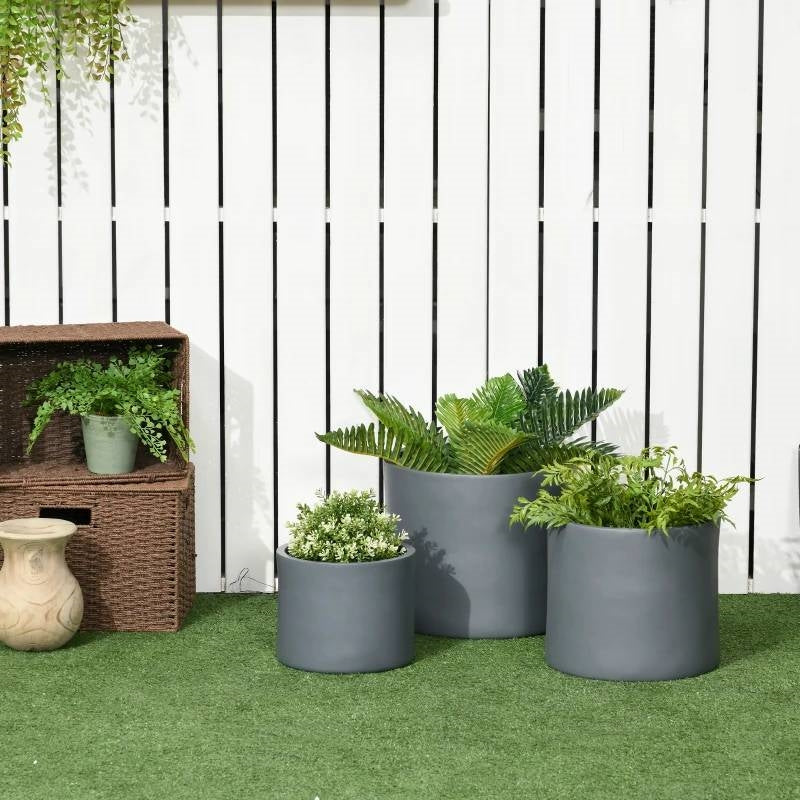 Set of 3 Stackable Circle Flower Pots with Drainage Holes in Grey