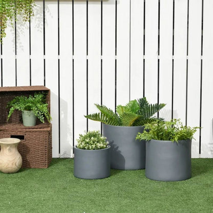 Set of 3 Stackable Circle Flower Pots with Drainage Holes in Grey