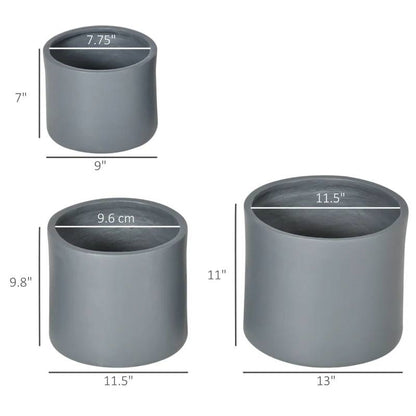 Set of 3 Stackable Circle Flower Pots with Drainage Holes in Grey