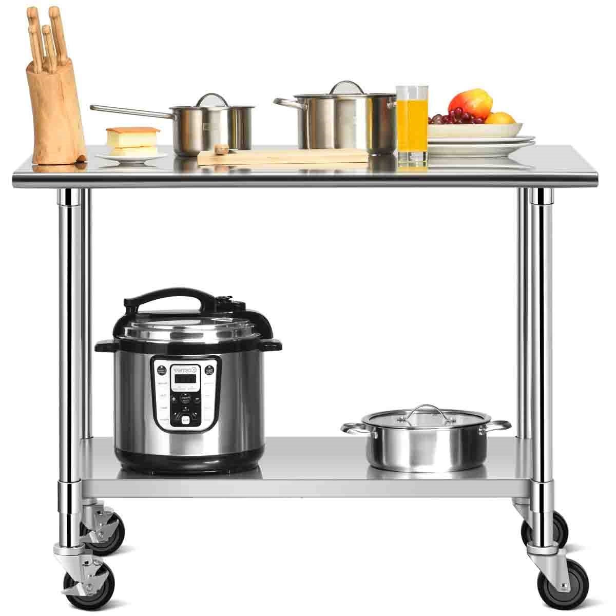 Stainless Steel 4ft x 2ft Kitchen Cart Table on Wheels with Adjustable Shelf