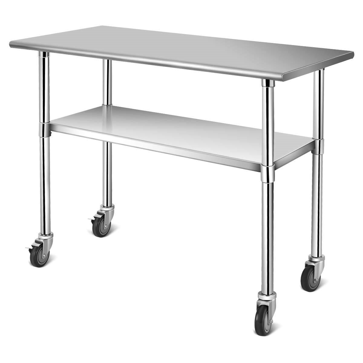 Stainless Steel 4ft x 2ft Kitchen Cart Table on Wheels with Adjustable Shelf