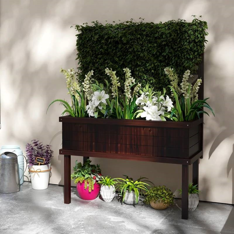 Espresso Fir Wood Elevated Raised Garden Bed Climbing Trellis