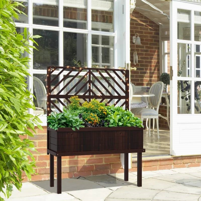 Espresso Fir Wood Elevated Raised Garden Bed Climbing Trellis