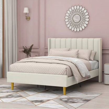 Full size Mid-Century Platform Bed Frame with Cream Velvet Upholstered Headboard