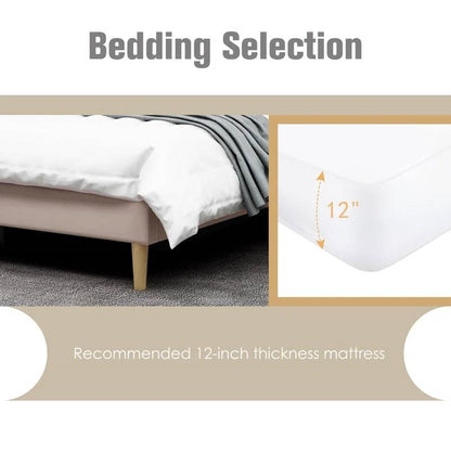 Full size Mid-Century Platform Bed Frame with Cream Velvet Upholstered Headboard