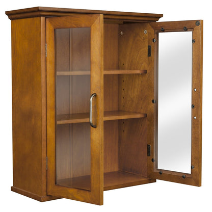 Oak Finish Bathroom Wall Cabinet with Glass 2-Doors &amp; Shelves
