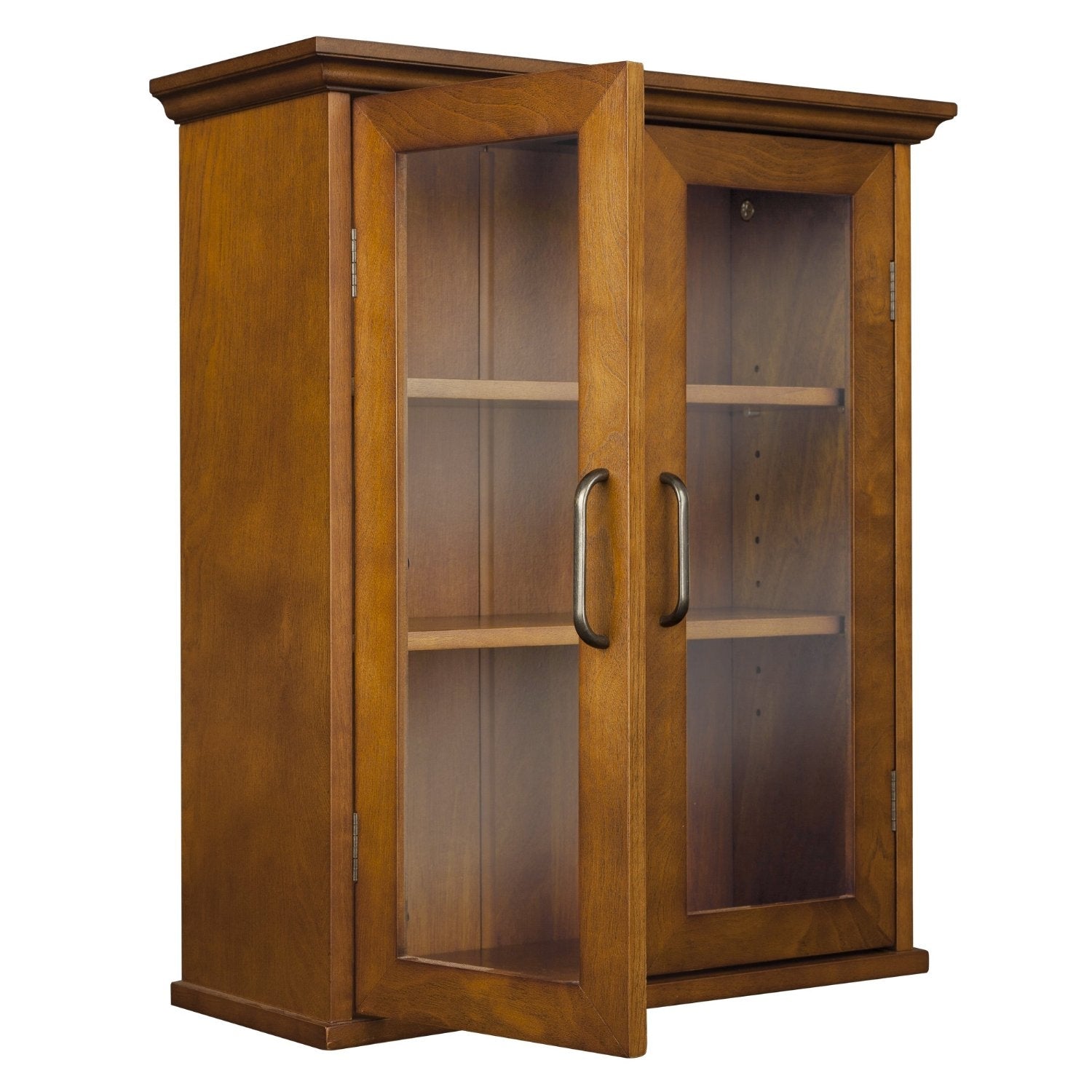 Oak Finish Bathroom Wall Cabinet with Glass 2-Doors &amp; Shelves