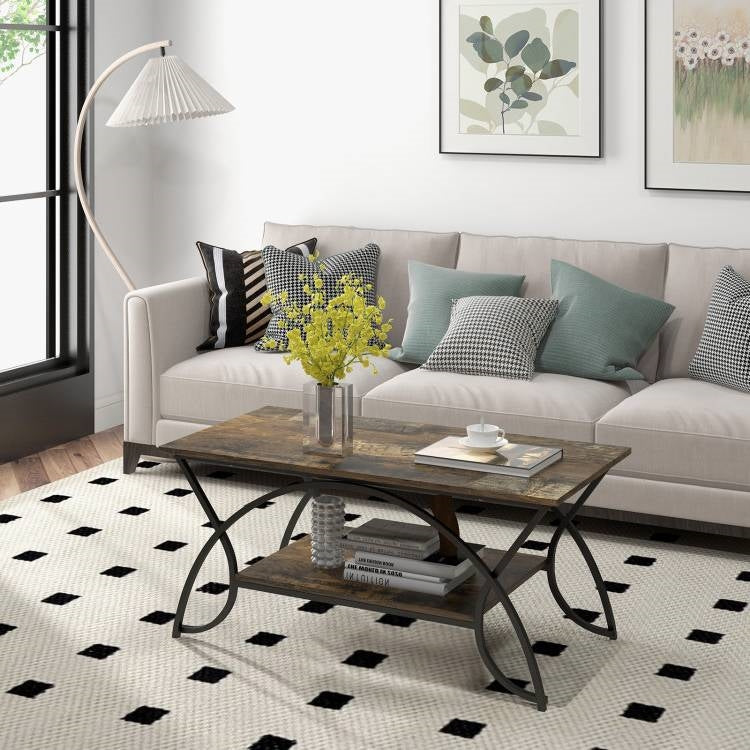 Rustic FarmHouse 2 Tier Brown Coffee Table Curved Legs