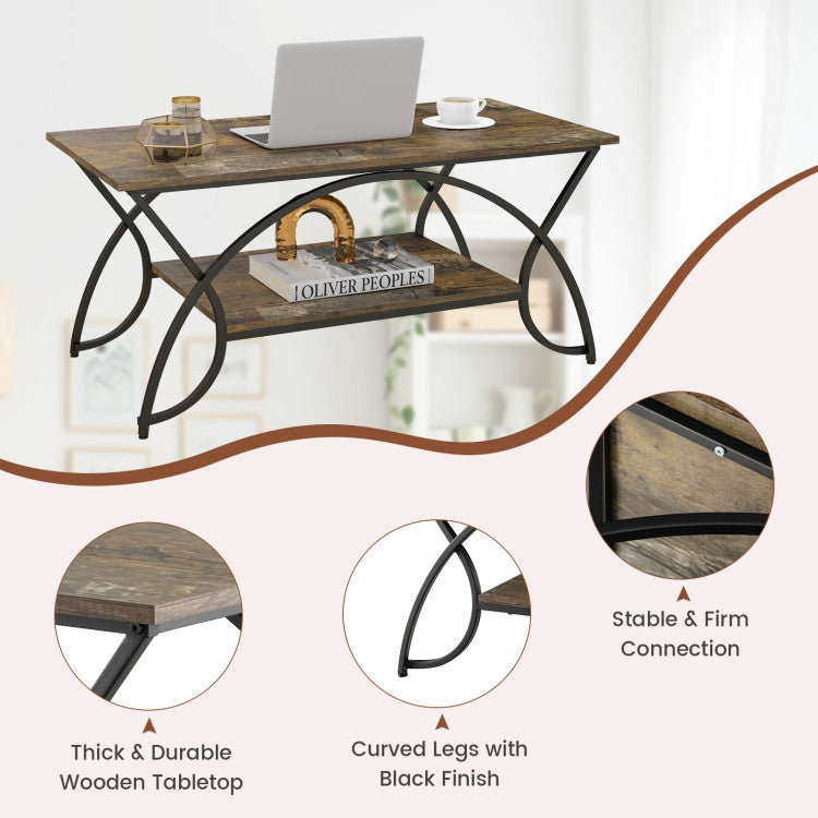 Rustic FarmHouse 2 Tier Brown Coffee Table Curved Legs