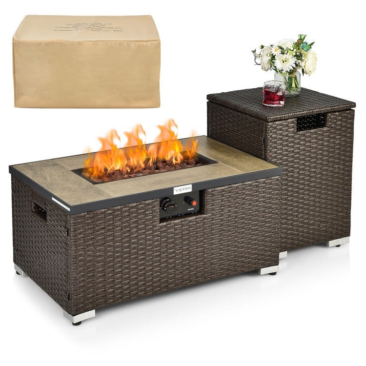 Brown Propane Gas Rattan Fire Pit Table Set with Side Table Tank Holder and Cover