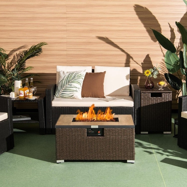 Brown Propane Gas Rattan Fire Pit Table Set with Side Table Tank Holder and Cover