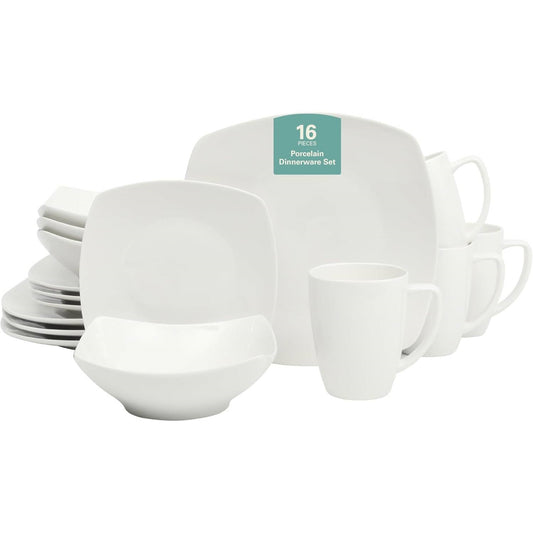 16 Pieces - White Square Porcelain Dinnerware - Set of 4