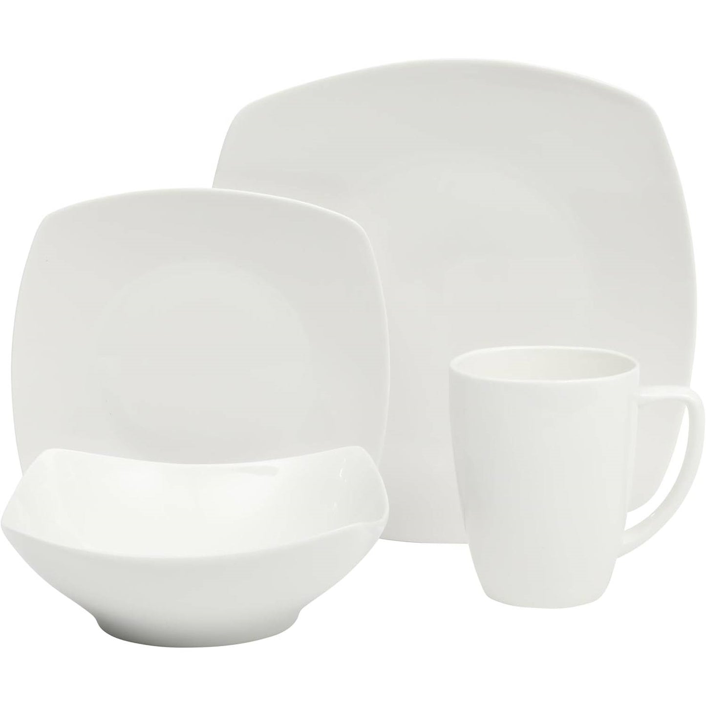 16 Pieces - White Square Porcelain Dinnerware - Set of 4