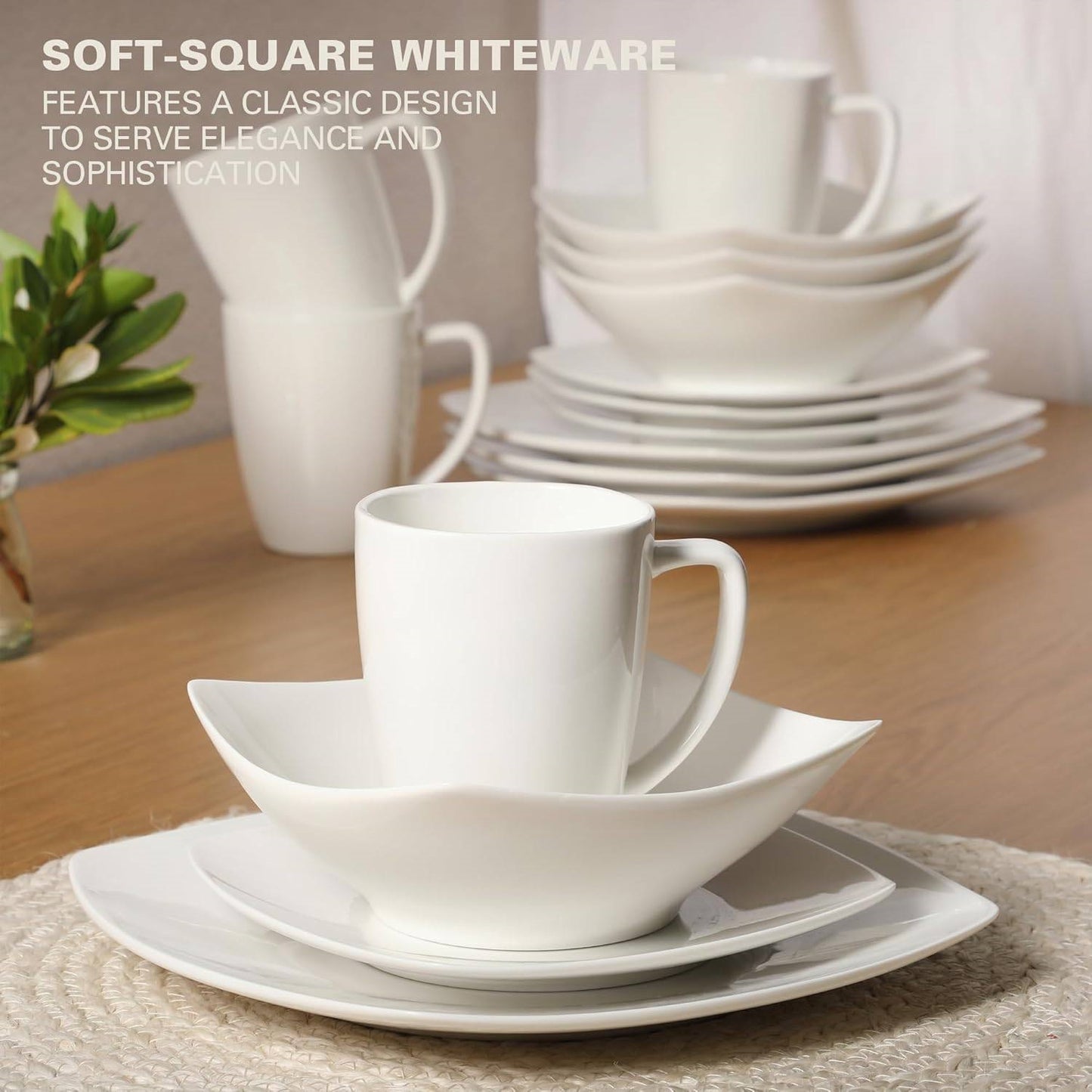 16 Pieces - White Square Porcelain Dinnerware - Set of 4