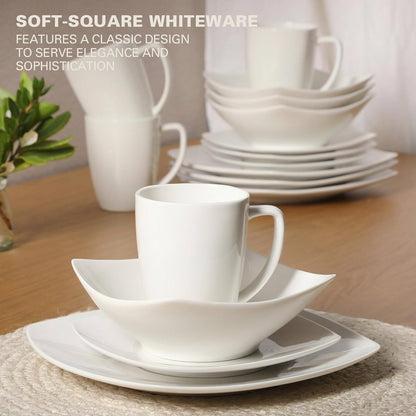 16 Pieces - White Square Porcelain Dinnerware - Set of 4