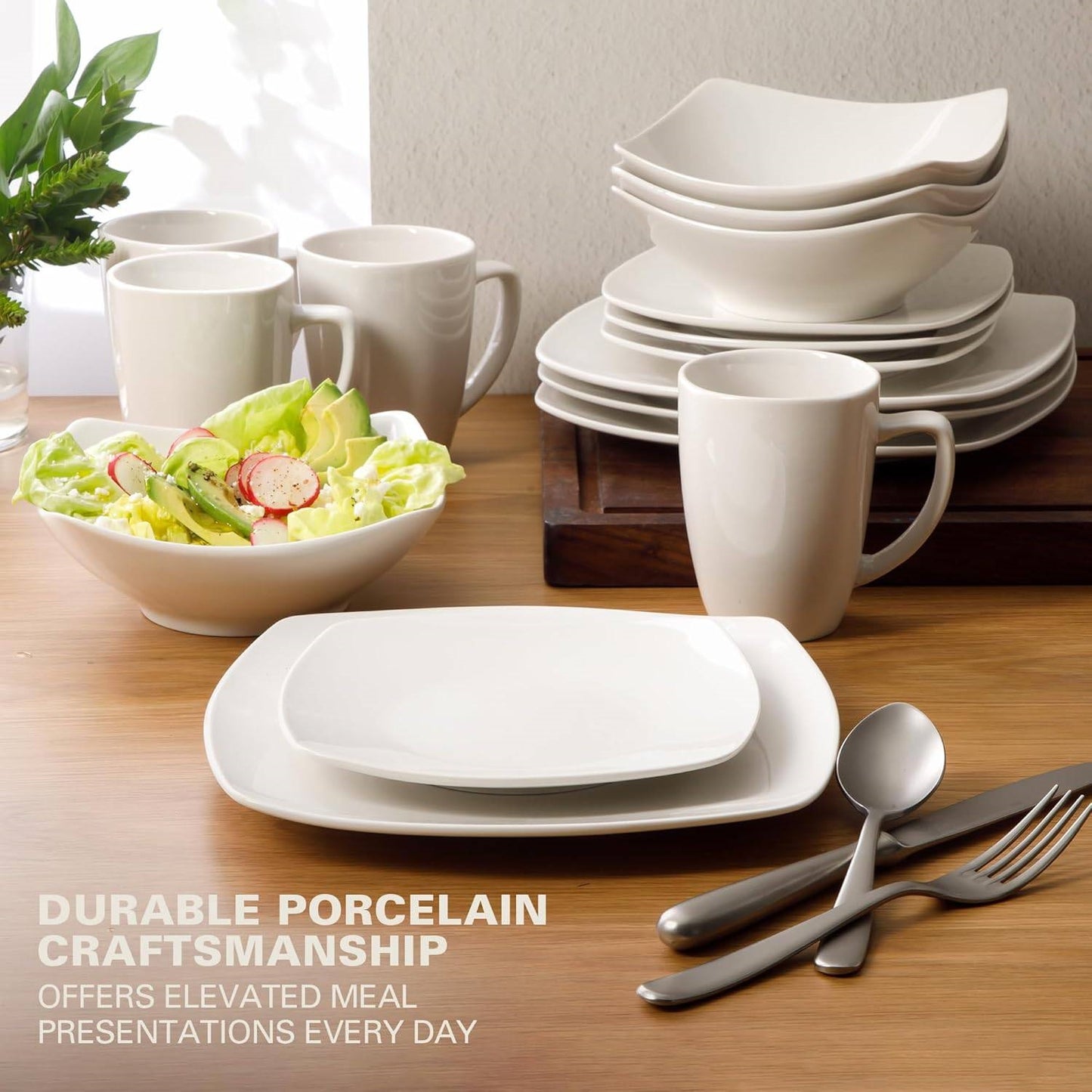 16 Pieces - White Square Porcelain Dinnerware - Set of 4