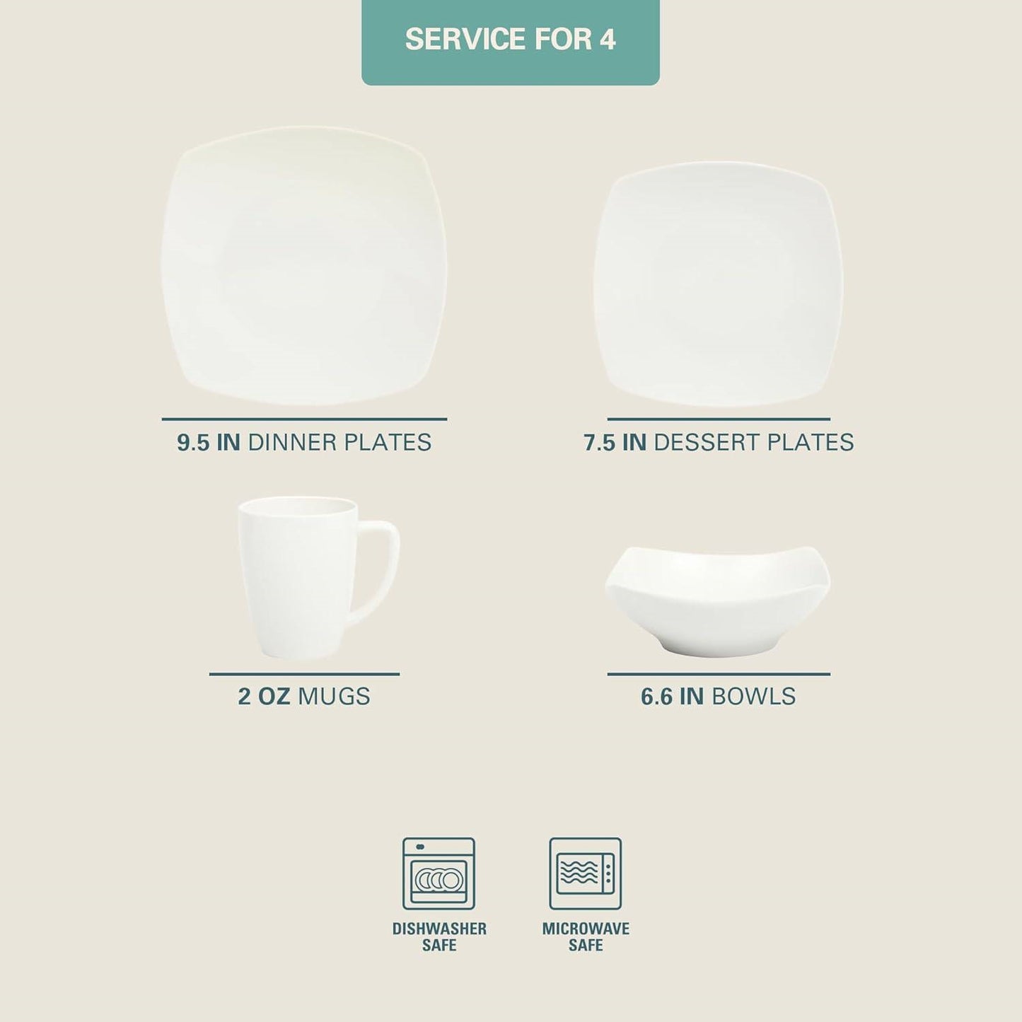 16 Pieces - White Square Porcelain Dinnerware - Set of 4