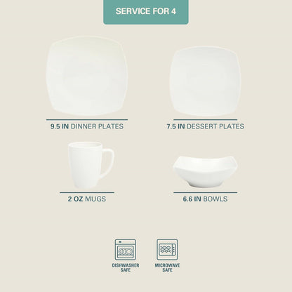 16 Pieces - White Square Porcelain Dinnerware - Set of 4