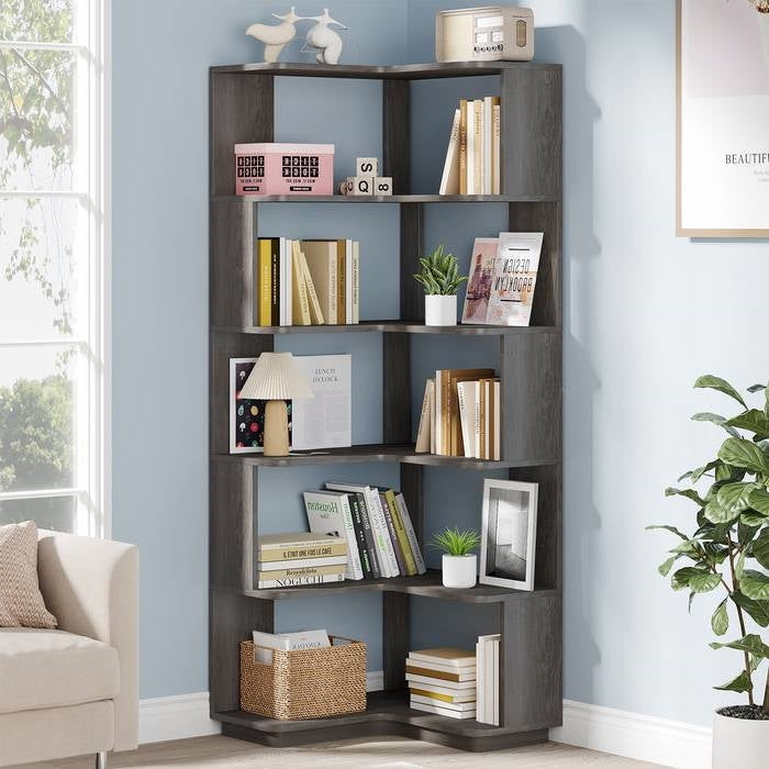 Multifunctional Grey Grain 6 Shelf Corner L Bookcase Organizer