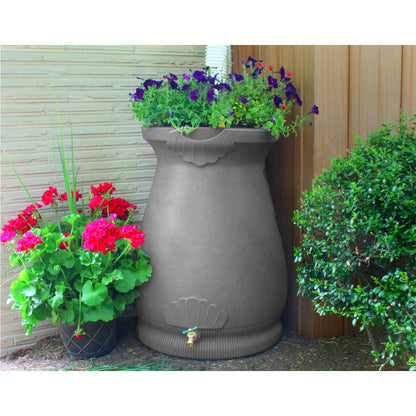 Dark Grey Granite 65 Gallon Plastic Urn Rain Barrel with Planter Top