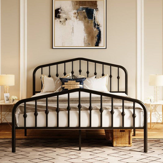 Queen Size Vintage Farmhouse Spindle Black Metal Platform Bed